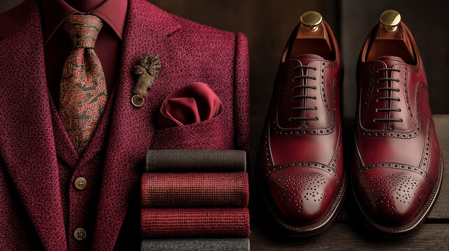 High-end tailoring flat lay: burgundy red suit, tie, polished shoes arranged on dark textured background, luxury menswear branding style