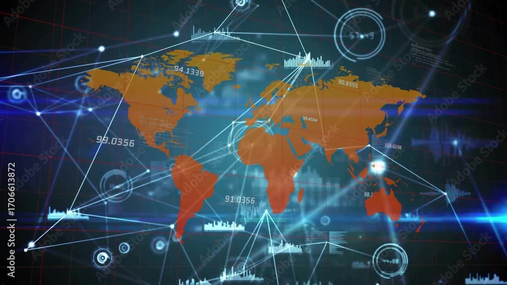 Aufkleber orange map emerging causing lines drawing network while labels updating showing data exchange
