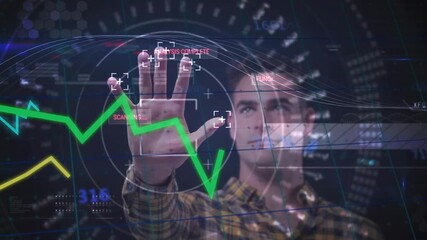 Adult man raising right hand at interface scanning data analyzing and tracking graphs in technology - Powered by Adobe