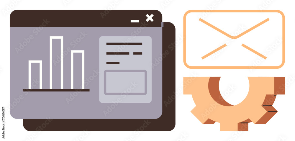 Poster graph and text-based analytics dashboard, envelope signifying email communication, and gear for work