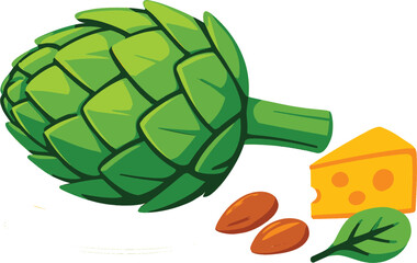 Fresh and colorful illustration of artichoke with cheese, almonds, and a green leaf. Perfect for healthy food concepts, nutrition, organic lifestyle, and culinary projects.