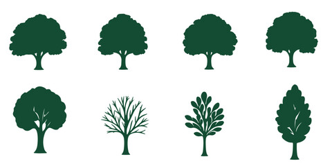 Tree silhouette icon collection, forest and pine tree vector set, nature foliage design bundle, simple black isolated tree shapes