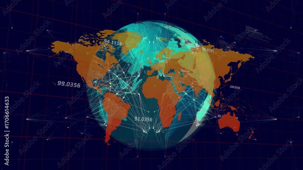 Poster beginning mesh globe rotating, intensifying nodes, streaming polar arcs, visualizing global traffic