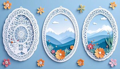 Three oval frames with paper cut mountain and flower scenes