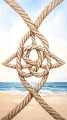 Beige rope knots forming a Celtic design against a beach scene