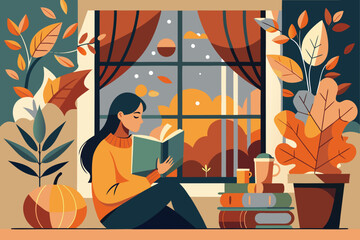 Fototapeta premium Cozy autumn scene featuring a woman reading a book by a window surrounded by vibrant fall leaves, pumpkins, and warm colors, evoking a peaceful seasonal atmosphere