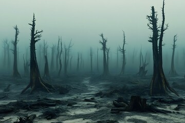 Eerie swamp landscape shrouded in dense fog