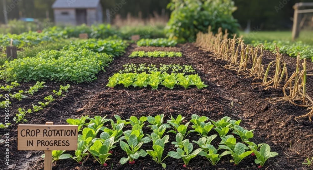 Poster medium viewport of freshly cultivated soil with alternating vegetable patches emphasizing dynamic pl