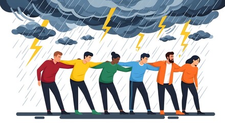 United team bravely facing stormy challenges together, offering support and resilience