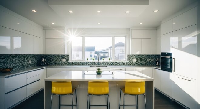 Bright kitchen with white cabinets, yellow stools, island, and window