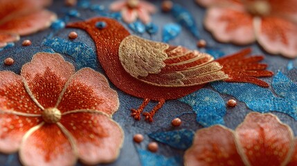 Artistic embroidery masterpiece: Bird and blooming flowers in detailed craft