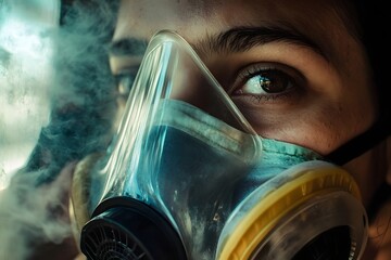 Face obscured by a protective mask in a hazardous environment