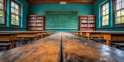 Classic classroom view with aged wooden desks, blackboard, and filled bookshelves