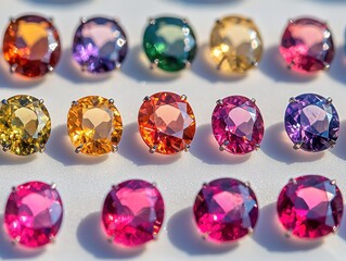 Fototapeta premium Colorful faceted gemstones set in simple silver studs, arranged in rows