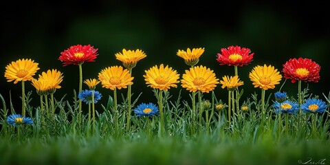Fototapeta premium Colorful flowers of yellow, red, and blue on grass with a dark background