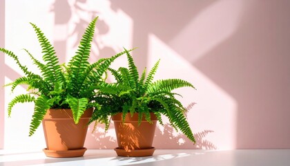 Two potted ferns in terracotta pots on white surface against pink wall