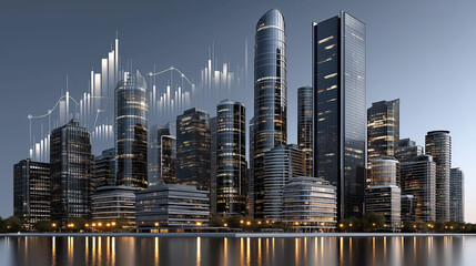 Modern city skyline with skyscrapers reflecting in water, showcasing blend of architecture and digital elements, symbolizing growth and innovation