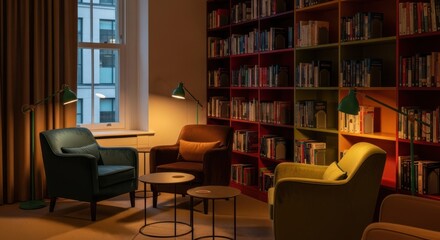 Cosy library with armchairs, colourful shelves, and warm lighting in evening