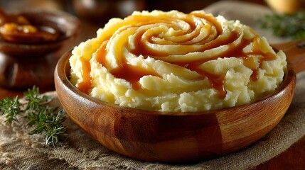 Mashed potatoes in a wooden bowl with gravy on a rustic surface.