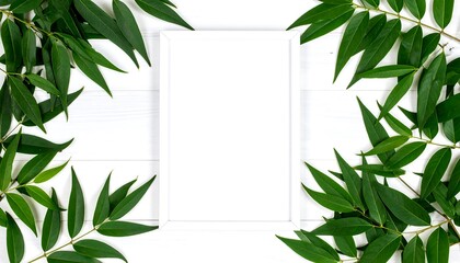 White frame surrounded by vibrant green leaves on a white wooden background