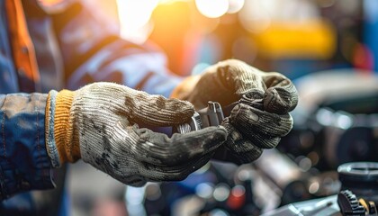 A skilled mechanic examining an engine component with precision, surrounded by the tools of his trade. The scene is filled with the hustle and bustle of a working automotive repair shop.