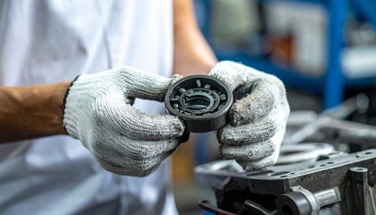 An industrial worker examines and inspects a mechanical part. The worker wears gloves and is focused on their work