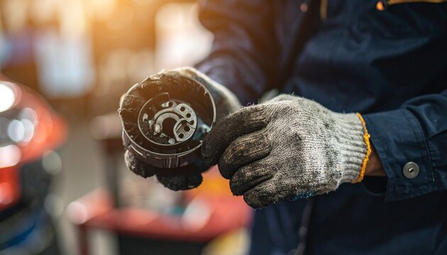 Mechanic examining a car part under warm light. This image captures the essence of car maintenance and precision craftsmanship. A mechanic is holding and inspecting a car part in detail - Powered by Adobe