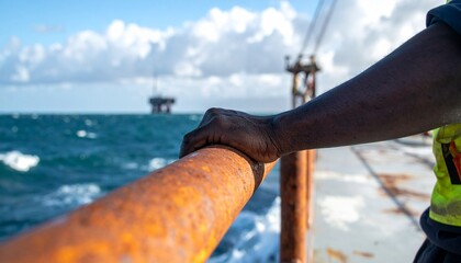 A person holding onto a rusty railing, observing the sea and distant oil platforms