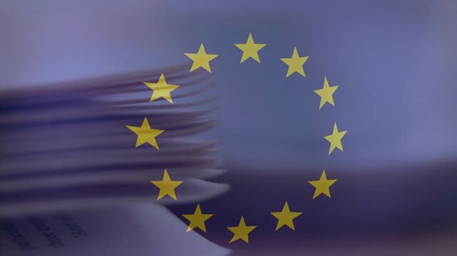 Upon start paper stack sliding from left beneath EU emblem, revealing pages for EU documentation