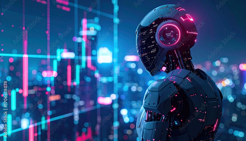 Aufkleber a futuristic robot contemplating data analytics in a vibrant city environment. the robot, with its a