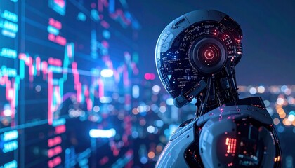 Fototapeta premium A futuristic robot looking at financial data on a digital display in a city environment