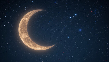 A luminous crescent moon hangs in a dark, star-filled night sky.