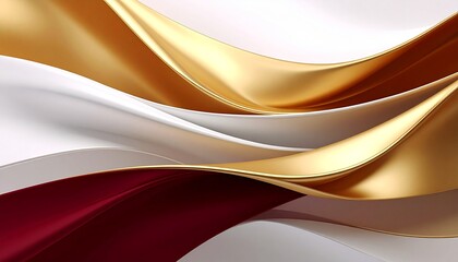 Obraz premium Abstract wavy ribbons of gold, white, and red colors create an elegant, flowing design, exuding luxury and sophistication
