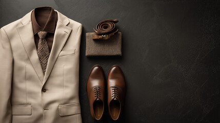 High-end tailoring flat lay: beige suit, tie, polished shoes arranged on dark textured background, luxury menswear branding style