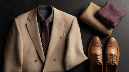 High-end tailoring flat lay: beige suit, tie, polished shoes arranged on dark textured background, luxury menswear branding style