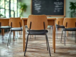Empty classroom with wooden desks and chairs, chalkboard background in focus