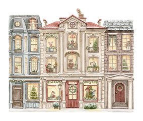 Vintage cartoon cute composition with several houses decorated for Christmas and animal in clothes characters inhabiting them on white background. Watercolor and pencil hand drawn illustration sketch
