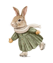 Christmas vintage cartoon cute bunny rabbit girl in clothes coat dress skates and smile isolated on white background. Watercolor and pencil hand drawn illustration sketch