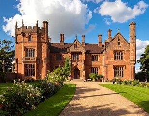 Grand brick manor house, gardens, and driveway