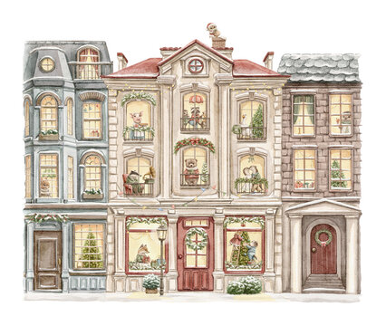 Vintage cartoon cute composition with several houses decorated for Christmas and animal in clothes characters inhabiting them on white background. Watercolor and pencil hand drawn illustration sketch