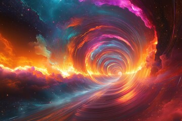 Fototapeta premium A swirling cosmic tunnel of vibrant orange, pink, and teal, resembling a fiery nebula with a road leading through it.