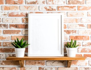 White framed poster on wooden shelf against brick wall. Two potted succulents