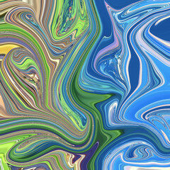 Abstract fluid swirl mixing blue, green, and yellow tones, dynamic marble texture with organic movement, ideal for modern digital art.