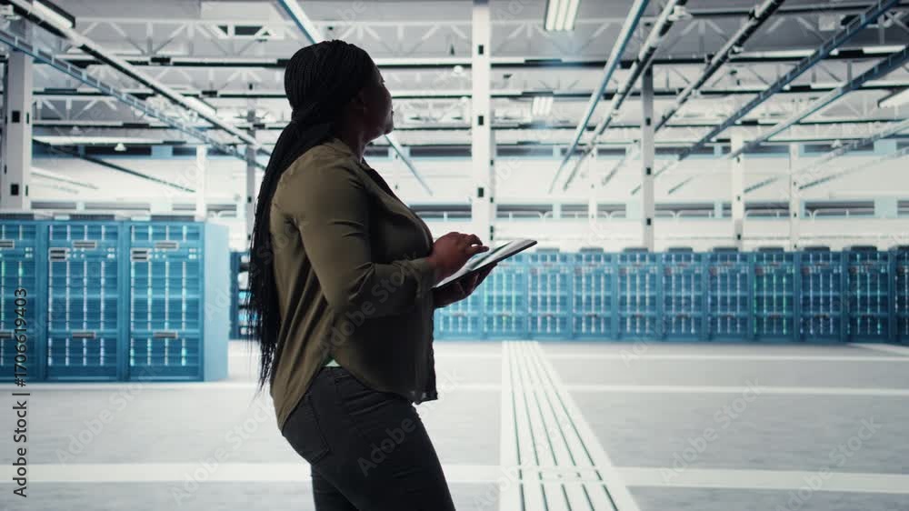 Aufkleber developer in data center using tablet to upgrade systems for increase in clients workload capacity. 