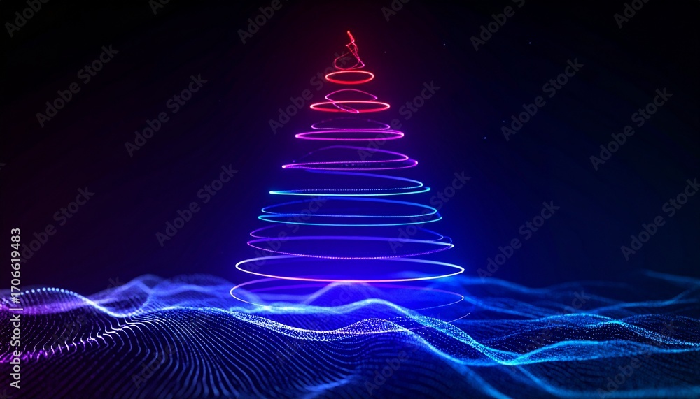 Poster a vibrant glowing christmas tree in a dark, abstract setting, with waves of blue light in the foregr