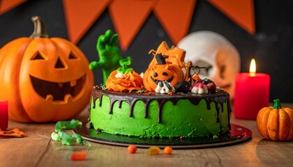 Spooky and delicious Halloween-themed cake surrounded by festive decorations 