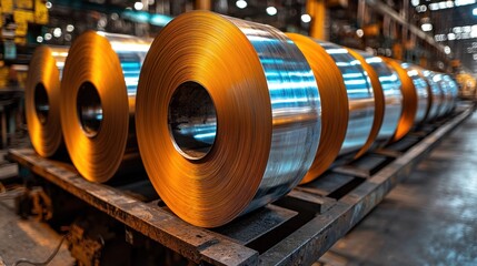 Gleaming rolls of shiny metal sheets lined on a rack in factory