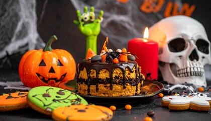 A festive Halloween still life, featuring various elements, creating a spooky atmosphere. Included are carved pumpkins, a skull, a cake, candles and decorative cookies
