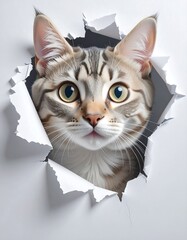 Cute tabby cat's head peeks through ripped paper hole