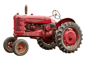 Vintage red farm tractor, side view
